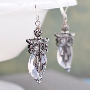 Silver Filigree and Crystal Angel Earrings